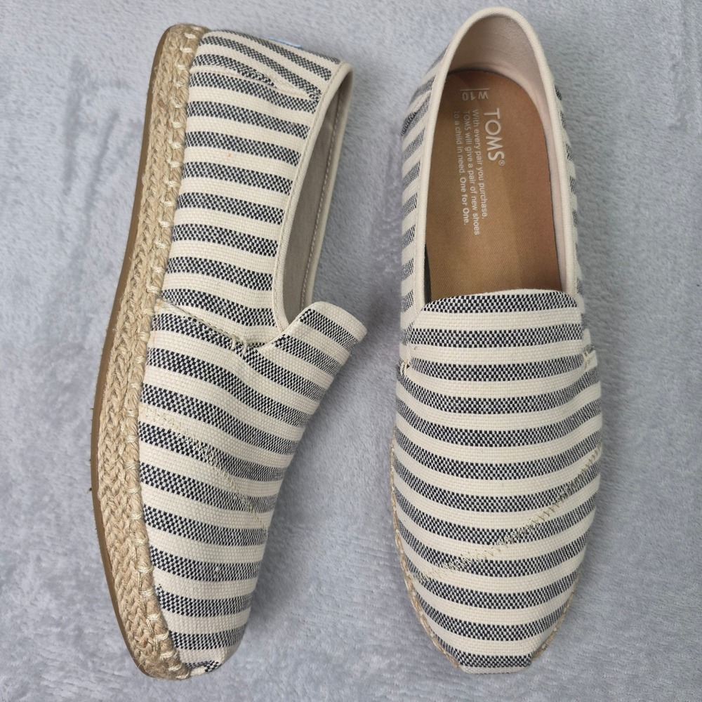 TOMS Alpargata Espadrille Black White Striped Canvas Slip On Shoes Women 10